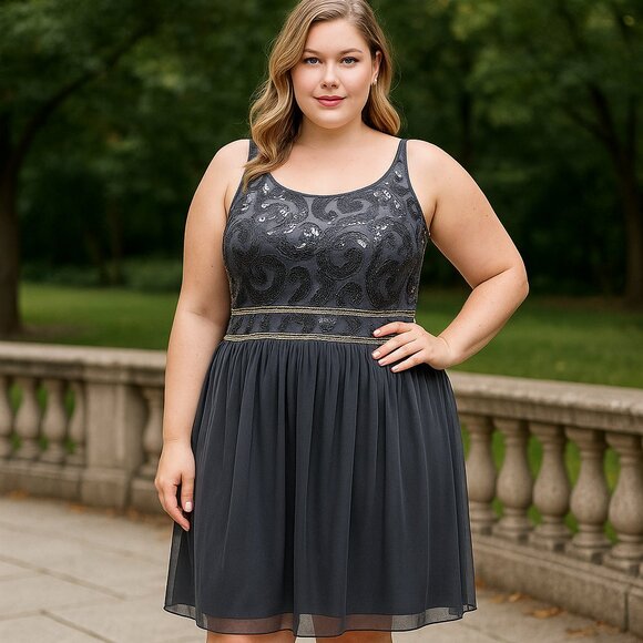 BCX Charcoal Sequin Overlay Party Dress – Size 16W – New w/ Tags - Picture 5 of 16